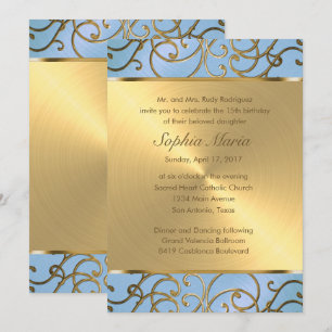 Quinceanera Light Blue and Gold Filigree Swirls Invitation