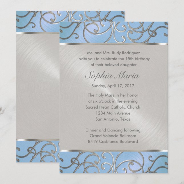 Quinceanera Light Blue and Silver Filigree Swirls Invitation (Front/Back)