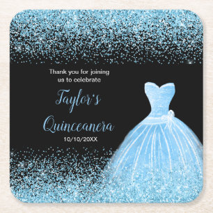 Quinceanera Light Blue Faux Glitter Square Paper Coaster