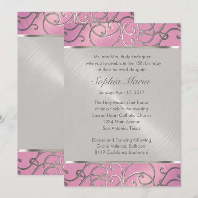Quinceanera Lilac Pink and Silver Filigree Swirls Invitation (Front/Back)