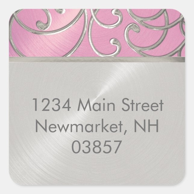 Quinceanera Lilac Pink and Silver Filigree Swirls Square Sticker (Front)