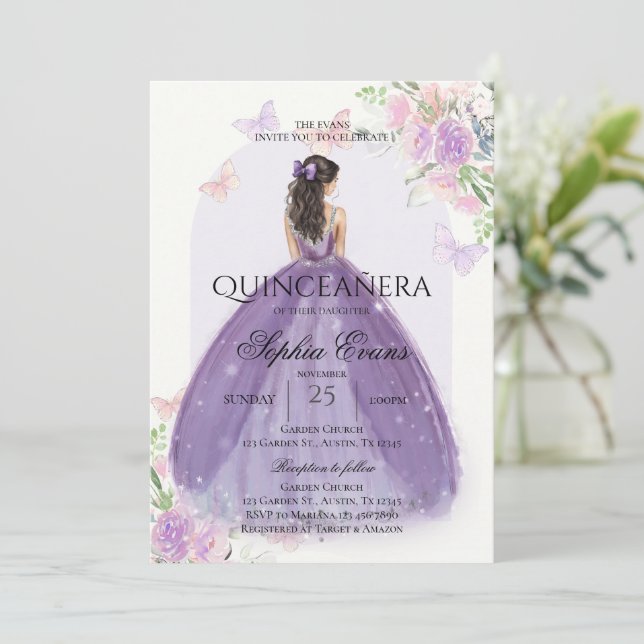 Quinceanera Lilac Purple Dress Floral Princess Invitation (Standing Front)