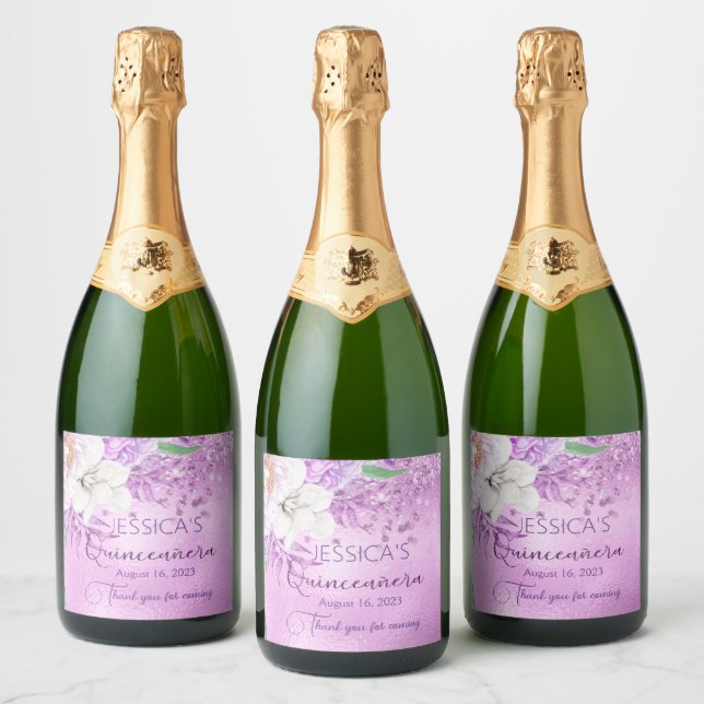 Quinceanera Lilac Purple Floral Sparkling Wine Lab Sparkling Wine Label (Bottles)