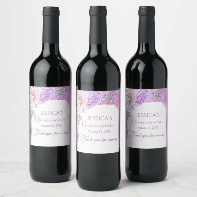 Quinceanera Lilac Purple Glitter Floral Wine Label (Bottles)