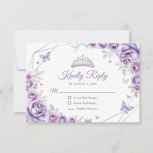 Quinceanera Lilac Purple Silver Dress Floral Reply RSVP Card (Front)