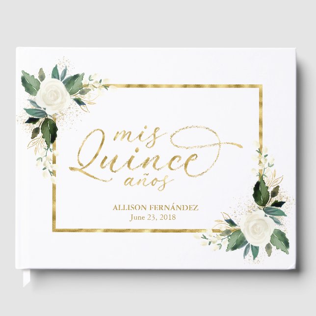 Quinceanera Livre d'hôtes Gold Foil Blanc Floral (Recto)