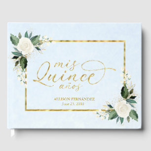 Quinceanera Livre d'invité Dusty Blue Gold Foil Fl