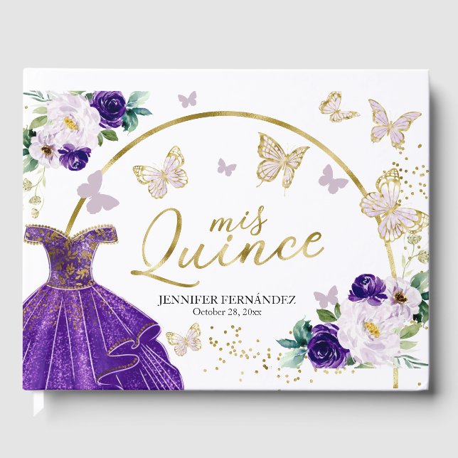Quinceanera Livre d'invité Robe papillon pourpre (Recto)
