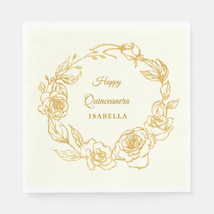 Quinceanera Luxe Gold Rose Ivory White Cocktail Napkin