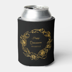 Quinceanera Luxe Gold Rose Personalized Black Can Cooler