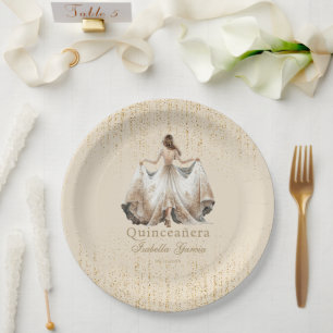 Quinceañera Luxury Ivory Gold Personalized Paper Plate