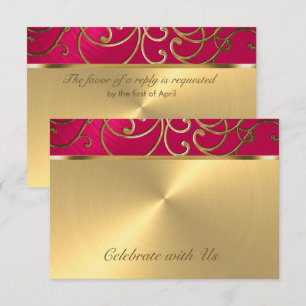Quinceanera Magenta Pink and Gold Filigree Swirls  Invitation