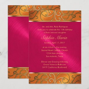 Quinceanera Magenta Pink Orange Gold Filigree Invitation