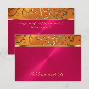 Quinceanera Magenta Pink Orange Gold Filigree Invitation