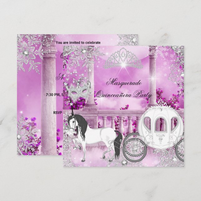 Quinceanera Magical Princess Pink Horse Carriage Invitation (Front/Back)