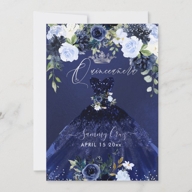 Quinceanera Marine Bleu Aquarelle Robe Invitation (Devant)