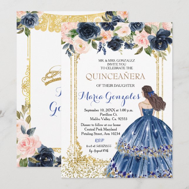 Quinceanera Marine Fleurs Bleues Invitation Or (Devant / Derrière)
