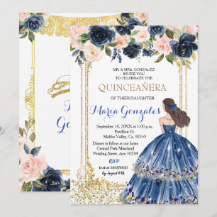 Quinceanera Marine Fleurs Bleues Invitation Or