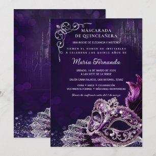 Quinceañera Mascarada Morado Plata Elegante Invitation