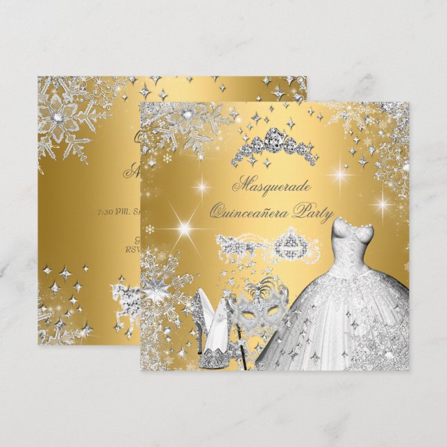 Quinceanera Masquerade Magical Princess Gold Invitation (Front/Back)