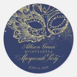 Quinceanera Masquerade Party Gold Blue Classic Round Sticker