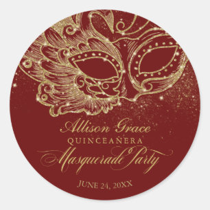 Quinceanera Masquerade Party Gold Burgundy Classic Round Sticker