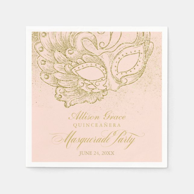 Quinceanera Masquerade Party Gold Pink Napkin (Front)