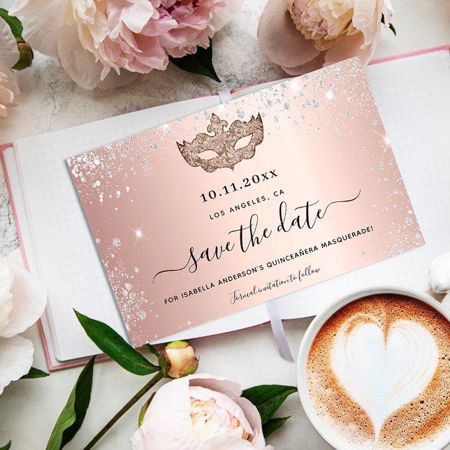 Quinceanera masquerade rose gold mask save the date (Creator Uploaded)