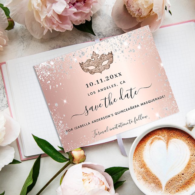 Quinceanera masquerade rose gold save the date announcement postcard (Creator Uploaded)