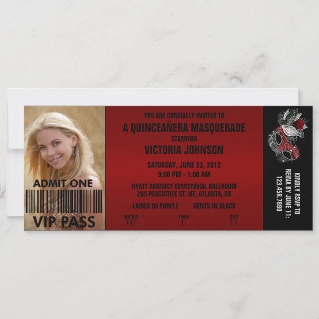Quinceañera Masquerade VIP Admission Ticket Invitation (Front)