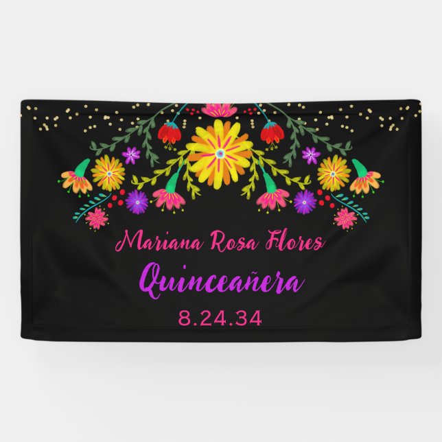 Quinceanera Mexican Fiesta Floral Birthday Banner (Horizontal)