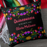 Quinceanera Mexican Fiesta Flowers Black Throw Pillow<br><div class="desc">Quinceañera pillow with Mexican fiesta flowers - or feel free to customize as a beautiful keepsake gift to celebrate any occasion. This colourful and vibrant Quinceanera pillow has Mexican folk art flowers in pink purple yellow red blue and green. The template is set up ready for you to personalize, with...</div>