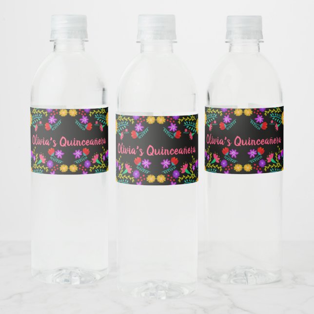 Quinceanera Mexican Fiesta Flowers Black Water Bottle Label (Bottles)