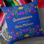 Quinceanera Mexican Fiesta Flowers Blue Throw Pillow<br><div class="desc">Quinceañera pillow with Mexican fiesta flowers - or feel free to customize as a beautiful keepsake gift to celebrate any occasion. This colourful and vibrant Quinceanera pillow has Mexican folk art flowers in pink purple yellow red blue and green. The template is set up ready for you to personalize, with...</div>