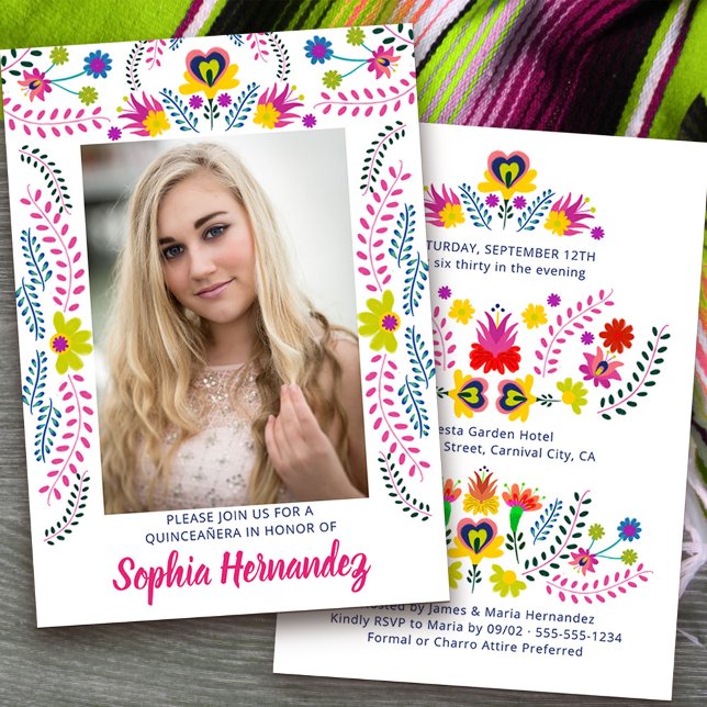Quinceanera Mexican Fiesta Party White Photo Invitation (Quinceanera Invitation with photo from my Mexican Fiesta Party collection)