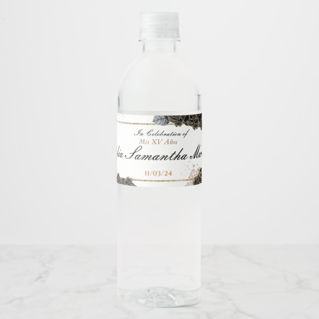 Quinceañera Mini Sparkling Wine  Black and Gold Water Bottle Label (Front)