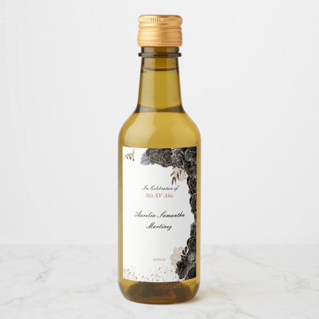 Quinceañera Mini Wine Bottle Labels Black and Gold (Front)