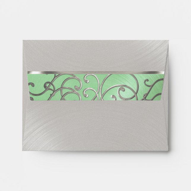 Quinceanera Mint Green and Silver Filigree Swirls Envelope (Back (Top Flap))