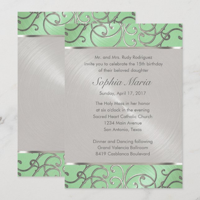Quinceanera Mint Green and Silver Filigree Swirls Invitation (Front/Back)