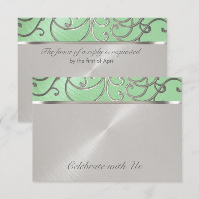 Quinceanera Mint Green and Silver Filigree Swirls Invitation (Front/Back)
