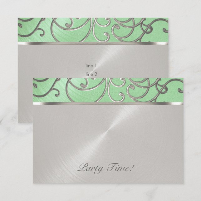 Quinceanera Mint Green and Silver Filigree Swirls Invitation (Front/Back)