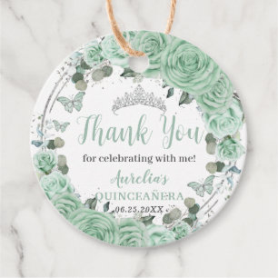 Quinceañera Mint Green Floral Silver Butterflies Favour Tags