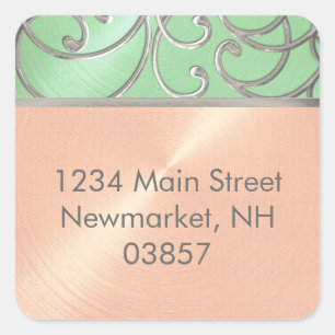 Quinceanera Mint Green Peach Silver Filigree Swirl Square Sticker