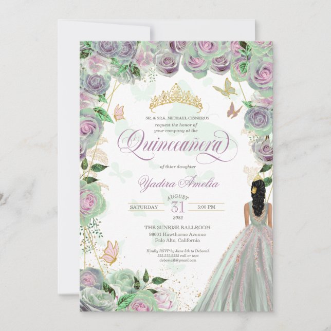 Quinceanera Mint Green Roses Elegant Butterflies Invitation (Front)