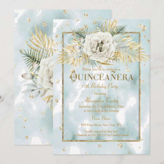 Quinceanera Mint Teal Gold marble Rose Floral Invitation (Front/Back)