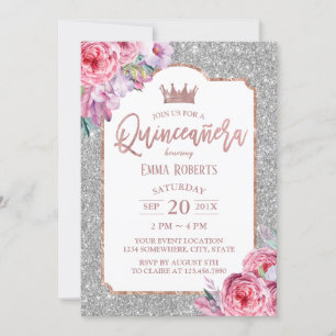 Quinceanera Modern Floral Silver Glitter Birthday Invitation