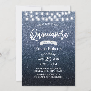 Quinceanera Modern Navy Blue Glitter String Lights Invitation