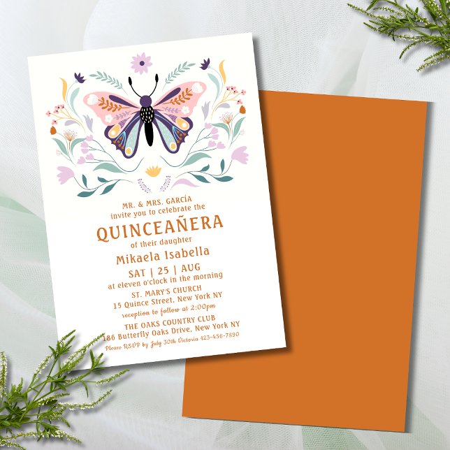 Quinceañera Modern Pink Purple Butterfly Floral Invitation (Creator Uploaded)