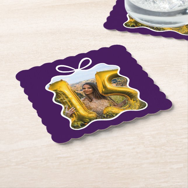 Quinceanera Modern Ribbon Photo Paper Coaster (Angled)