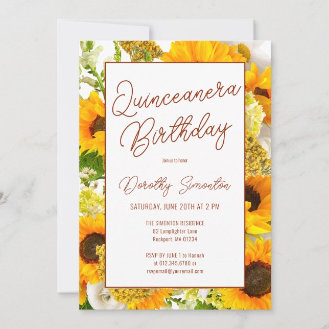 Quinceanera Modern Sunflower Floral Invitation (Front)